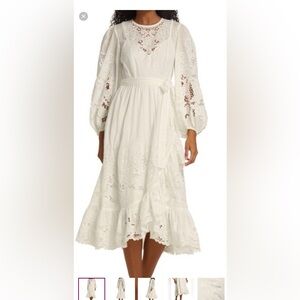 Zimmermann Cream Eyelet Midi Dress with Puff Sleeves